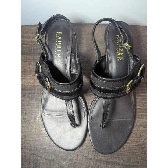 Ralph Lauren Womens Leather Adjustable Slingback T-Strap Thong Sandal Black 8 - Picture 3 of 11